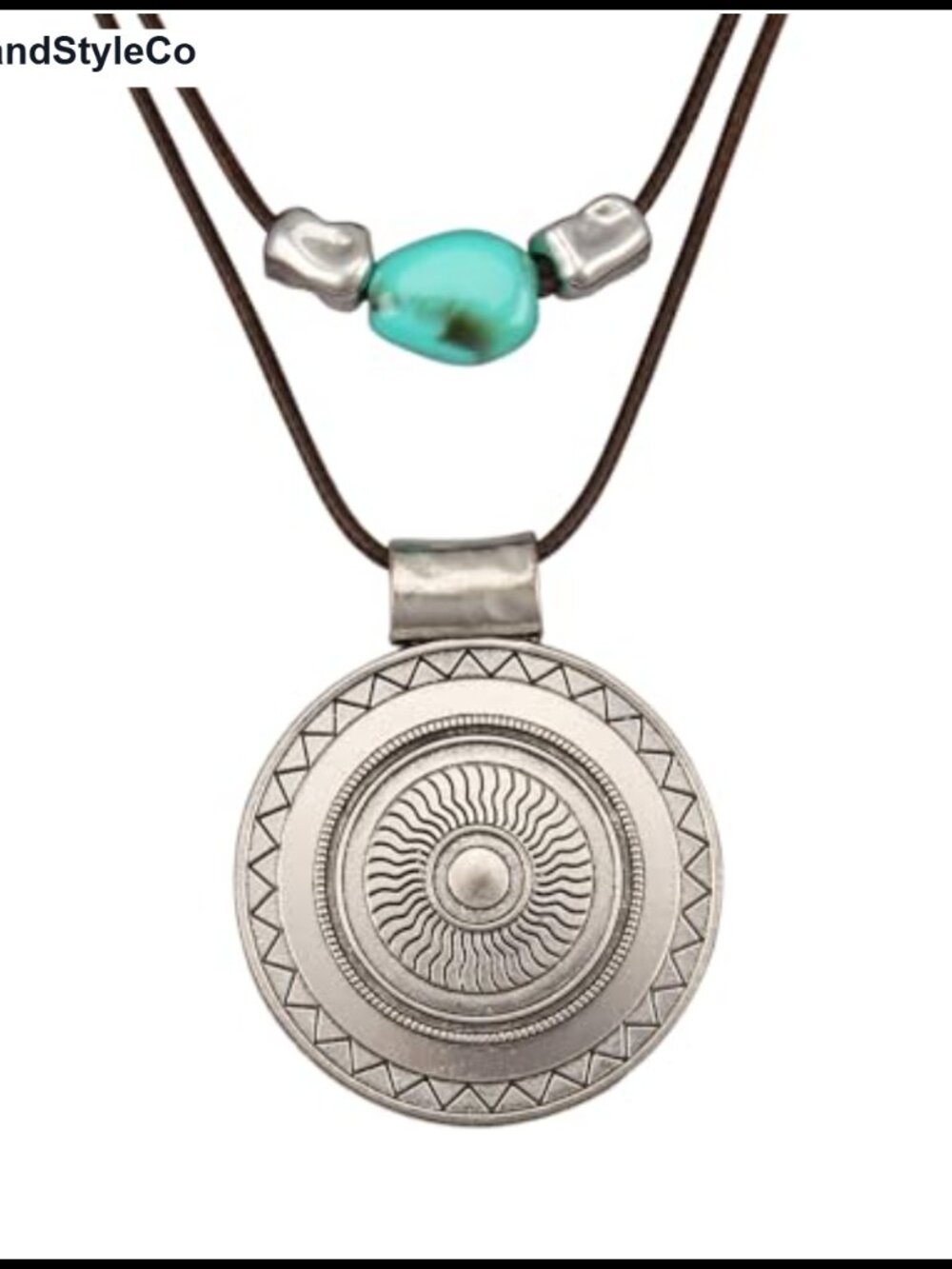 Boho Layered Pendant Necklace Faux Leather Cord with Beads Sunburst Charm